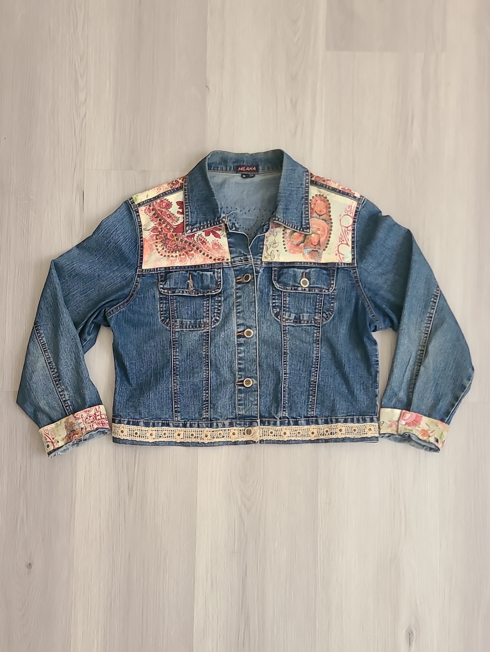Milana Blue Denim Jacket Paisley Floral XL Boho Cropped Lace Women's Cuffs